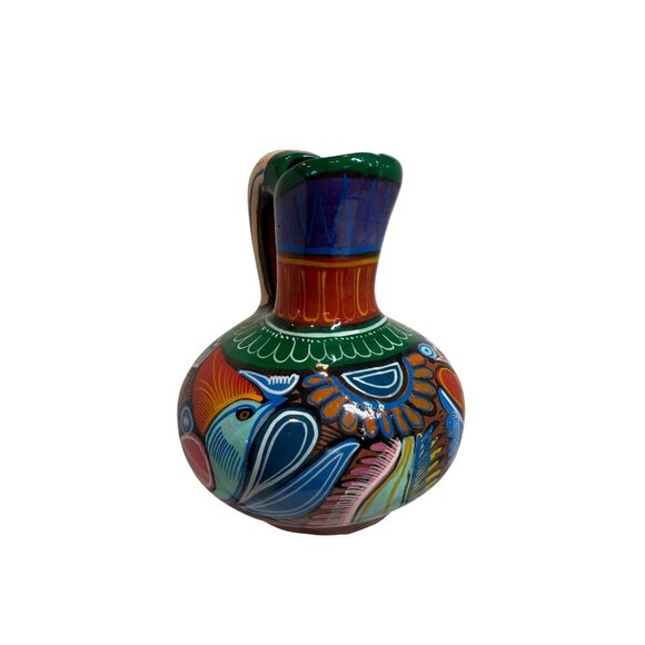 Hand-Painted Talavera Style Ceramic Pitcher With Colorful Bird Design - Picture 2 of 9